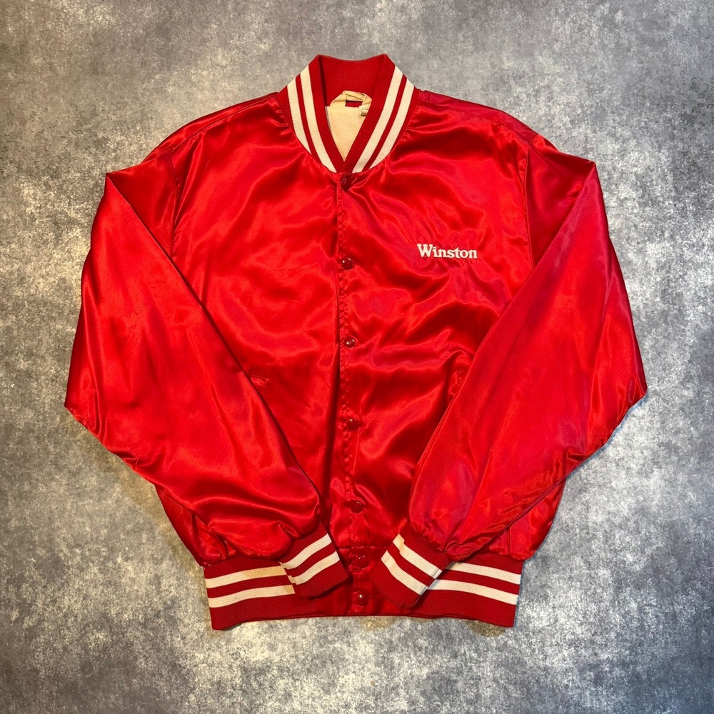 Vintage 80s Winston Cigarettes Racing Bomber Jacket Red Satin Mens Large